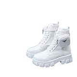 LerGlre Women's Platform Block Lace Up Ankle Boots Fashion Round Closed Toe Low Heel Combat Short Boots With Pouch Pocket Punk Motorcycle Booties Fall Winter Shoes (8,White,8)