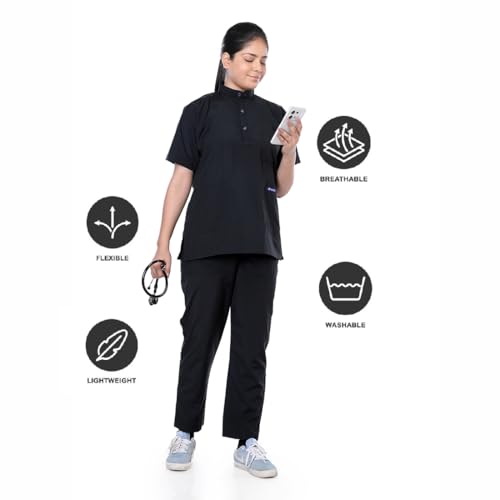 Image of Women's 5-Pocket Scrub Suit | Set of Top & Pant | Half Sleeves | Mandarin Collar | Breathable Polyviscose Fabric | Comfortable | Durable | Uniform for Doctors Nurse & Dentist BLK M