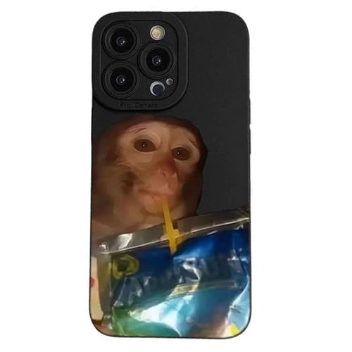 JDIV Monkey Phone Case, Funny Monkey Drinking Capri Sun Phone Case Compatible for iPhone 16/15/14/13/12/11 Promax (Black-, 17)