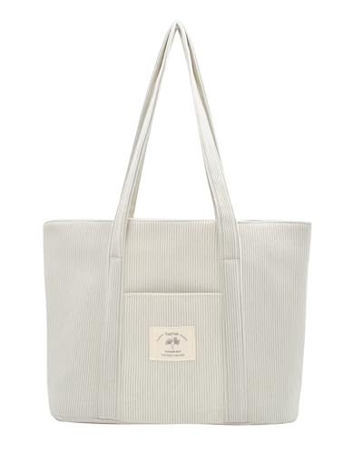 Image of TeeYee Women's Large Corduroy Tote Bag Zippered Shoulder Bag with Pockets | Strawberry Print Bag,Fits 15.6 inch Laptop,Wide Shoulder Straps,Large Capacity,Everyday Tote Bag,Multiple Pockets Design