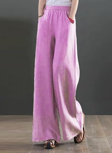 Image of KOTTY Women's Crumble Fabric High Waist Solid Color Drawstring Wide Leg Trousers Loose with Pockets