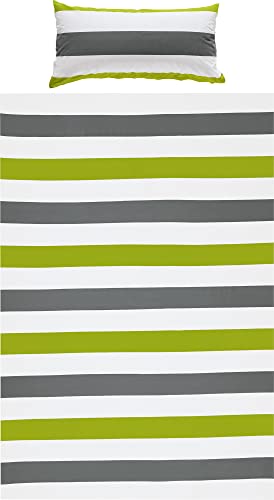 REDBEST Renforcé Bettwäsche-Set grün-grau-weiß Größe 40x80 cm / 135x200 cm - mit Reißverschluss - atmungsaktiv, strapazierstark - weitere...