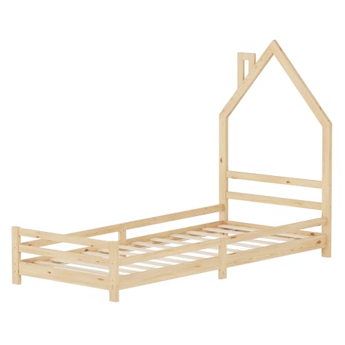 ML-Design Cama Infantil con Forma de Casita 90 x 200 cm de Madera de Pino Color Natural, Cuna Individual para Niño con Somier de Láminas y Diseño Casa con Chimenea, Litera Maciza Juvenil de Juego