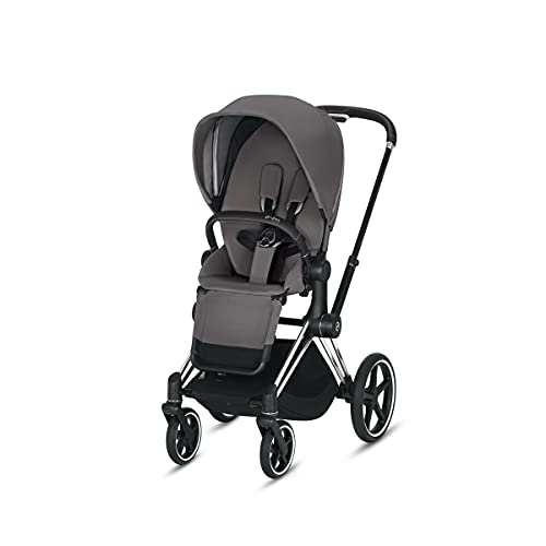 Image of Cybex e-Priam Complete Stroller, Smart Assist Technology, Rocking Mode, One-Hand Compact Fold, Reversible Seat, Smooth Ride All-Wheel Suspension, Manhattan Grey Seat with Chrome /Black Frame