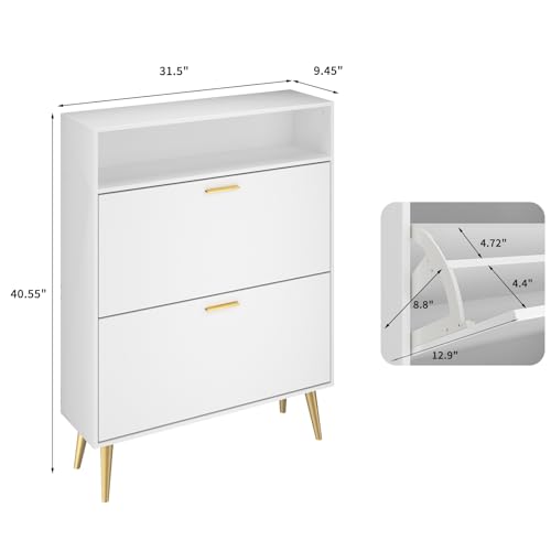 JOZZBY Shoe Cabinet Storage for Entryway, Freestanding Slim Shoe Organizer Cabinet with 2 Flip Drawers, Narrow Shoe Rack with Open Shelves for Hallway, Living Room, White