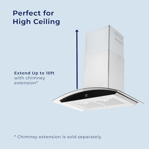 Image of Hauslane Wall Mount Range Hood 36 Inch | Contemporary Stainless Steel & Tempered Glass | Onyx Black Panel, 3-Speed Touch Control, LED Lights, Baffle Filters | Vented or Ductless with Charcoal Filters