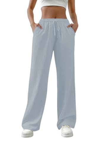 Image of TOPLOT Women's Linen Blend Wide Leg Palazzo Pants | Elastic Drawstring Waist Trousers for Woman | Relaxed Fit Casual Lounge Trousers | Breathable Straight Leg Everyday Bottom Wear (5268)
