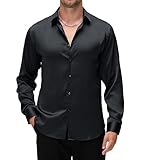 Alex Vando Mens Luxury Satin Dress Shirt Long Sleeve Silk Shiny Sateen Party Shirt,Black,L