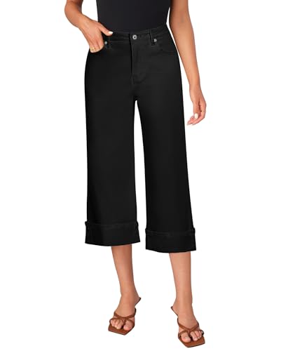 LookbookStore Capris Jeans for Women Wide Leg High Waisted Casual Summer Roll Hem Cropped Stretch Denim Jean Capri Pants