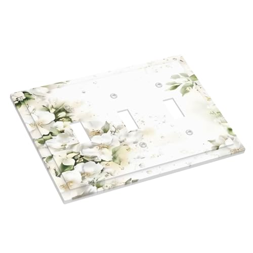 Decorative Switch Plate Covers Rustic Ink Green Leaves White Florals Flower 3 Gang Light Switch Cover Plate Triple Toggle Wall Plate Light Switch Covers for Bedroom Home Decor