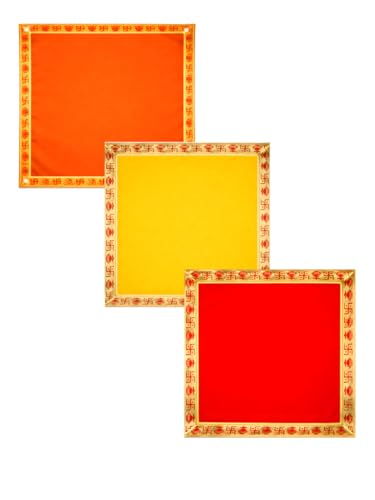 SANSKAARAM (18 x 18 inch) Plain Mixed Velvet Pooja Aasan Cloth for God Idol Sitting, Mandir Shelf, Puja Chowki Table, Home Temple Decoration with Swastik Border, Pack of 3 (Mixed, 18 x 18)