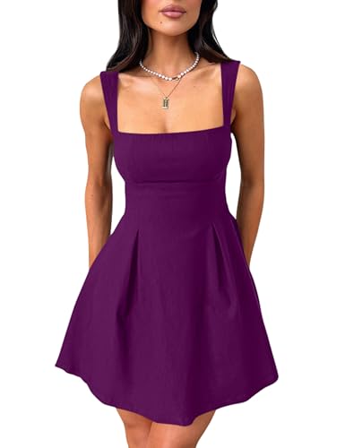 Image of YMDUCH Women's Sexy Sleeveless Square Neck Adjustable Straps Bow Tie A-line Mini Party Club Dress