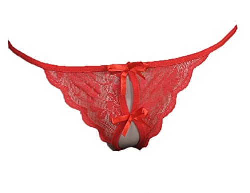 Red Open Crotch Crotchless Thong G-String Ladies Undergarment Bow Transparent Valentine Gift Panty Intimate Wear Romantic Lingerie Honeymoon Surprise Gift for Your GF Girl Friend Wife Lover-image-2