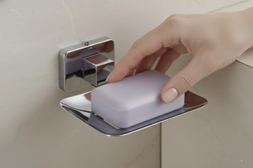 Image of EASYHOME FURNISH Premium Stainless Steel Soap Dish Holder for Bathroom & Kitchen - Wall Mounted Square Soap Stand with Chrome Finish - Rust Proof, Anti-Corrosion Heavy Duty Soap Case Saver