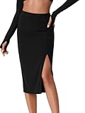 Vrtige Women's High Waist Stretchy Slit Slit Hem Ribbed Knit Bodycon Pencil Midi Skirt Black Medium