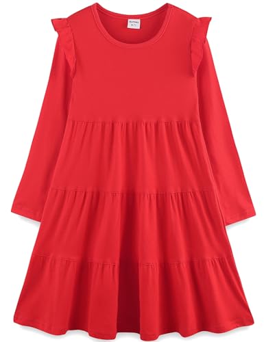 Bumeex Girl's Dresses Cotton Ruffle Sleeve Tiered Swing A-Line Cute Midi Casual Sundress