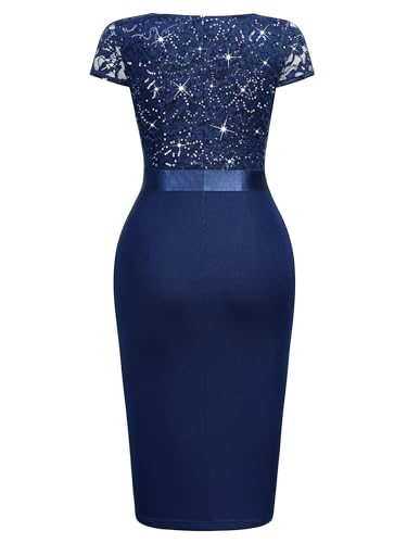 Image of Miusol Women's Elegant Square Neck Glitter Sequin Lace Cocktail Dress | Sparkly sequin lace, bodycon fit, chic ruffle, women dress perfect for wedding guest, cocktail and semi formal events