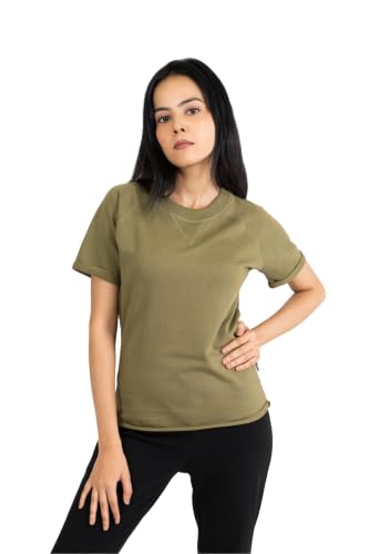 Image of Women French Terry Raglan Crew Neck | 100% Cotton Stylish Casual Comfortable Regular Fit Solid Half Sleeves Round Neck T-Shirt for Women