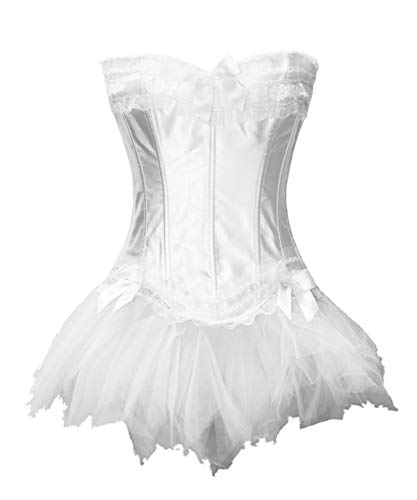 Bslingerie® Women Lace Ruffles Satin Overbust Corset with Tutu Skirt (White, L)