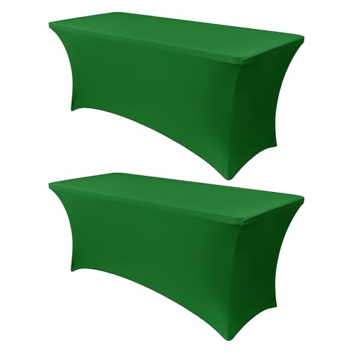 Image of Obstal 8Ft Stretch Spandex Table Cover for Standard Folding Tables - 2 Pack Universal Rectangular Fitted Tablecloth for Party, Banquet, Events, Trade Show (Emerald Green, 96L x 30W x 30H Inches)
