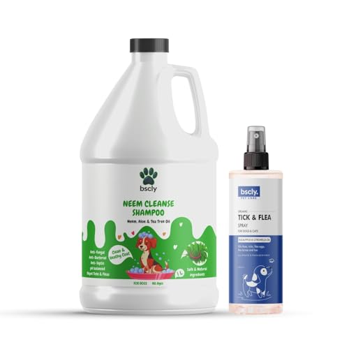 Image of Bscly Neem Pet Shampoo + Tick & Flea Spray - Ticks & Fleas Prevention, Enriched with Aloe & Coconut Oil, Ph Balanced Dog Shampoo, Heals Skin - Combo Pack of 2