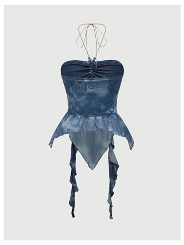 GORGLITTER Women's Halter Crop Y2k Tube Tops Asymmetrical Ruffle Hem Backless Cami（Runs Small, Please Size Up）2