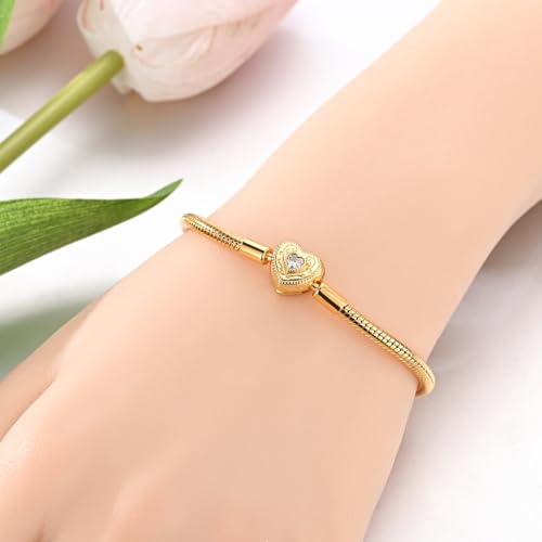 Image of 925 Sterling Silver Snake Chain Bracelets Fit Pandora Charms,Heart Clasp Bracelets Perfect For Any Glamour Gift for Women with 5 A Cubic Zirconia
