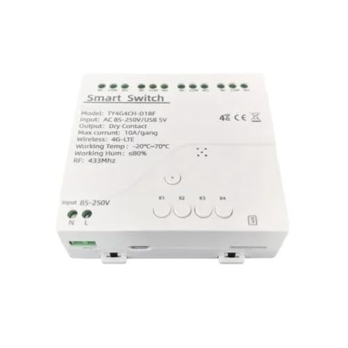 Lonrtesw Interruptor Inteligente Tuya 4G LTE con Relé de 433 MHz, Control Inalámbrico por Aplicación GSM, 4G, 4 Canales, Controlador Extraíble, CA 85-250 V.