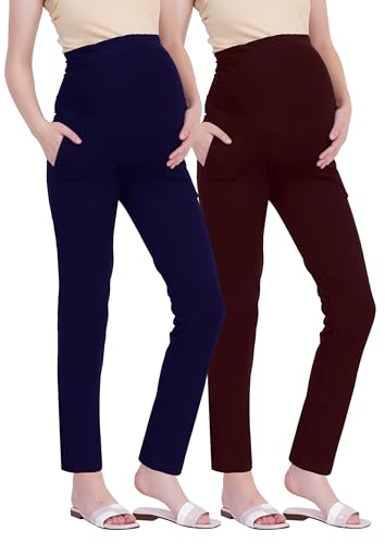 Image of Women's Maternity Leggings with Pockets - Comfortable, High Waist Support and Stretchable Pants for Pregnancy - Pack of 2