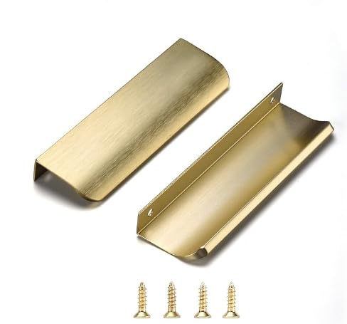 Satanga Edge Finger Tab Pulls for Cabinets Invisible Kitchen Concealed Aluminum Flat Hidden Drawer Pull Easy to Install Pack of 5 Brushed Brass 6inch 150mm Overall Length