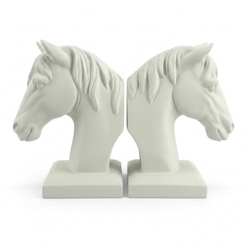 Comfy Hour 7" White Horse Figurine Style Bookends, Antique Vintage Horse Head Statue for Home Decor, Heavy Duty Equestrian Farmhouse Book Stoppers Pair