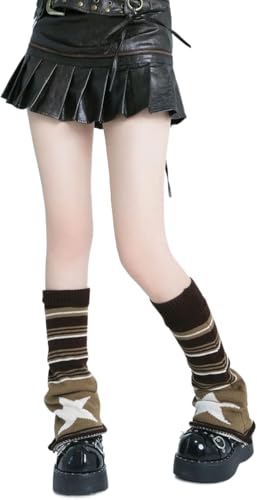 LXYZXZ Harajuku Leg Warmers Y2k Two Side Wear Star Knitted Striped Goth Leg Warmers Streetwear Kawaii Lolita Socks (Brown One Size)