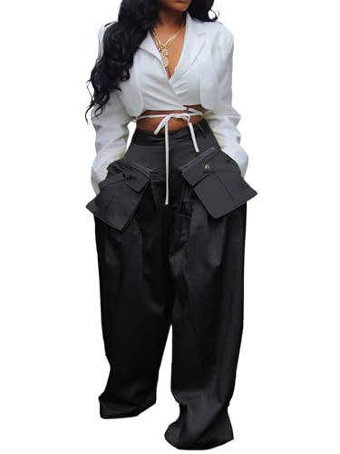 Women's High Waisted Wide Leg Satin Cargo Pants Flowy Trousers with Zipper Pockets