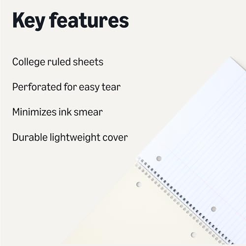Image of Amazon Basics College-Ruled Spiral Notebooks, 70 Sheets, 10.5 inch x 8 inch, Perforated Pages, Assorted Pastel Solid Colors, 5-Pack