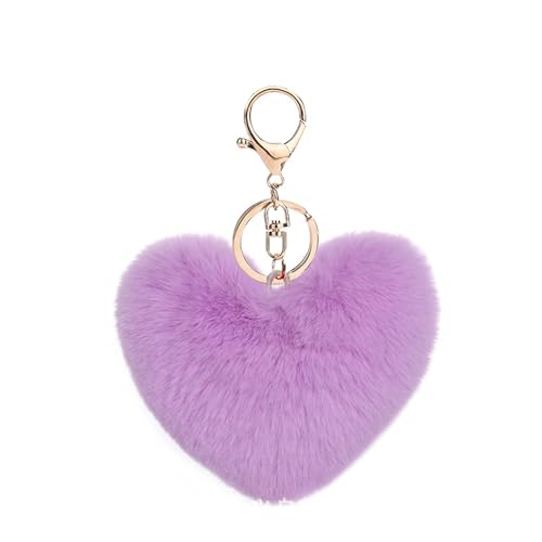 NICIFOAM Artificial Faux Rabbit Fur Keychain Fluffy Heart Plush Ball Pom Charm Key Chain Cute Car Key Decor Purse Handbag for Women Purple