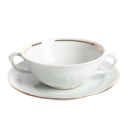 FranquiHogar | Juego clásico de 12 tazas de consomé y 12platitos | Total 24 piezas | Modelo Rhein | Porcelana blanca con filo de oro | MENAJE DE MESA