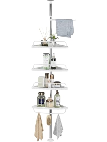 Estantería Telescópica de Baño. Estante Esquina de Ducha de Plástico y Metal sin Taladro. Organizador de Bañera, Cocina, Lavabo de Altura Ajustable 100 a 260 cm con 4 Baldas, Toallero y 3 Ganchos
