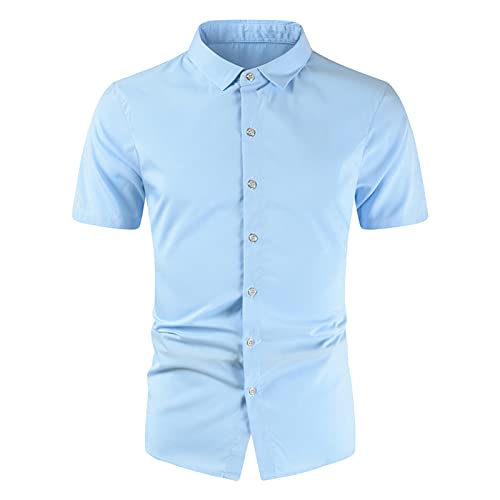 Maiyifu-GJ Men's Regular Fit Short Sleeve Dress Shirt Solid Business Casual Shirts Lightweight Slim Fit Button Down Shirt (Light Blue,Large)