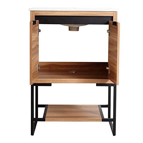 24 Inches Freestanding Bathroom Vanity Combo, Wood Bathroom Cabinet With Ceramic Sink Bathroom Vanity Cabinet With 2 Soft Close Doors And Open Shelf, Maple #TOP4