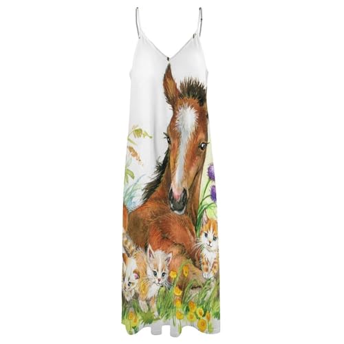 Robe Longue d'Été Fluide sans Manches Chat Blanc et Cheval