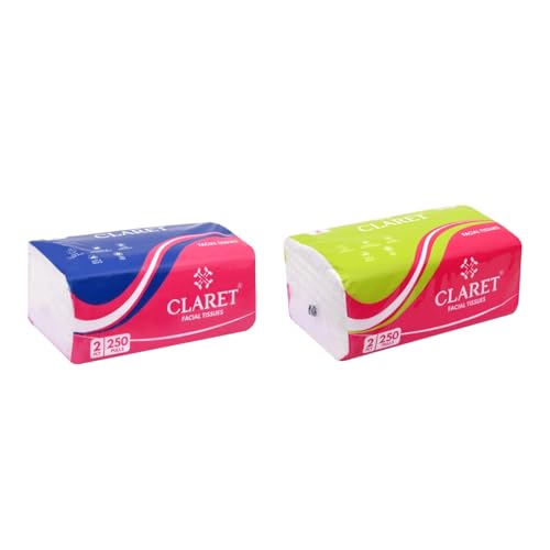 Image of Claret 2-Ply Facial Tissue | Makeup Removal Tissue Wipes | Tissue Paper For Office Desk | Car Accessories | 250 Pulls Super Soft & Highly Absorbent | Pack of 2