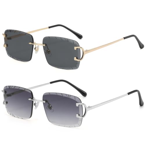Image of Retro Rimless Rectangle Sunglasses for Men Women Luxury Frameless Square Trendy Shade Diamond Cutting Eyewear