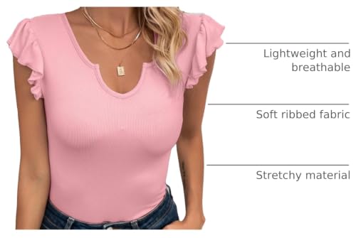 Image of VICHYIE Summer Women Ruffle Cap Sleeve Pretty Fitted Shirt | Ribbed Knit, Basic, Casual, Fashion Blouse, Solid Color