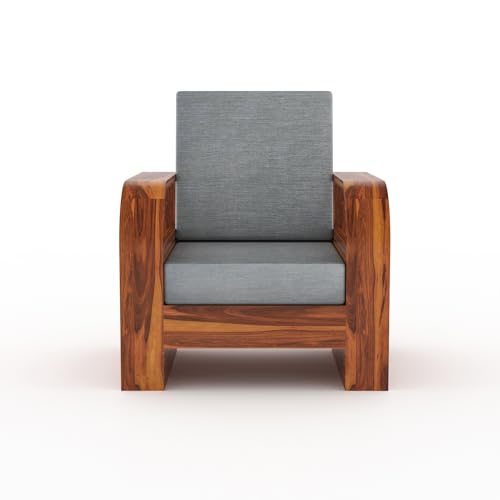 Image of Sheesham Wood 5-Seater Sofa Set - Solid Wood Furniture with Honey Finish & Grey Cushions | Wooden Sofa for Living Room & Home Office