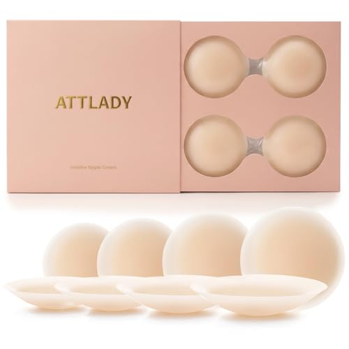 ATTLADY Nipple Covers No Show 4 Pairs- Reusable Seamless Pasty Sticky Adhesive Silicone Nipple Pasties for Women