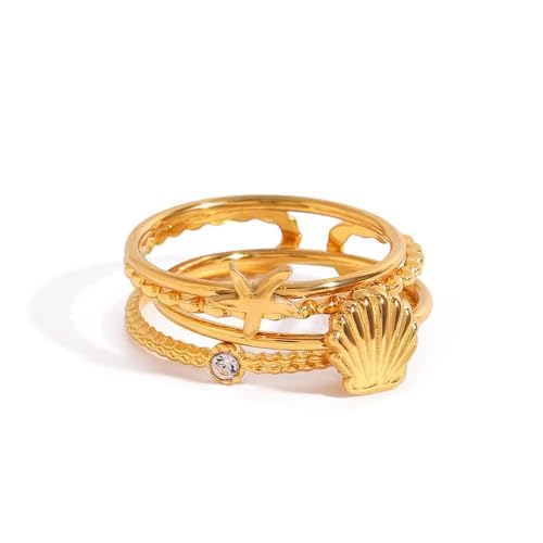 Set De Bagues Coquillage Étoile De Mer Plaqué Or 18k Anneaux Ajustables Pour Femme Style Plage Bohème Vacances d'Été Bijoux Punk Océan En Acier...