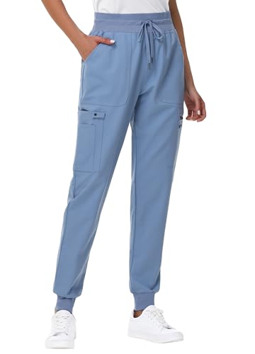 Image of MIVEI High Waisted Jogger Style Scrub Pants for Women - 8 Pockets Medical Bottoms Tapered Yoga Waistband Ribbed Ankle Cuffs