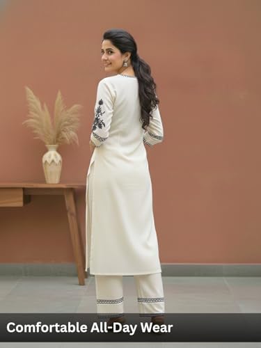 Image of Leriya Fashion Women's Cotton Straight Embroidered Kurta with Pant Set | Ethnic Motifs Work Kurti with Pant for Women | Casual & Office Outfit Ensemble | Kurta Sets for Woman