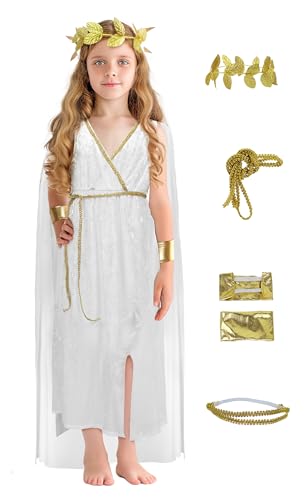 JEGERMIG Greek Costume Kids Toga Roman Goddess Athena Children Halloween Cosplay Grecian Dress Up Outfit Set