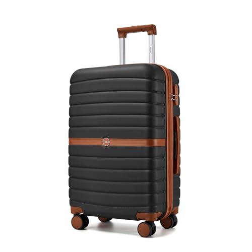 Kono Expandable 24 Inch Luggage with Spinner Wheels, Medium Checked Luggage with Lock, Lightweight & Anti-Scratch PC+ABS Hardshell Travel Suitcase, Black/Brown